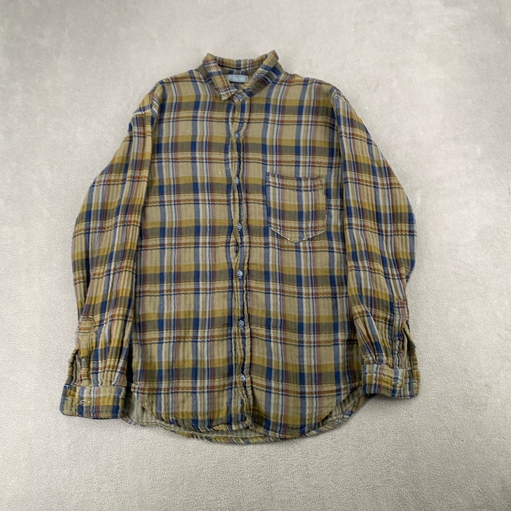 CP Shades Mens Small Plaid Cotton Gauze Button Down Shirt Olive Blue USA Made